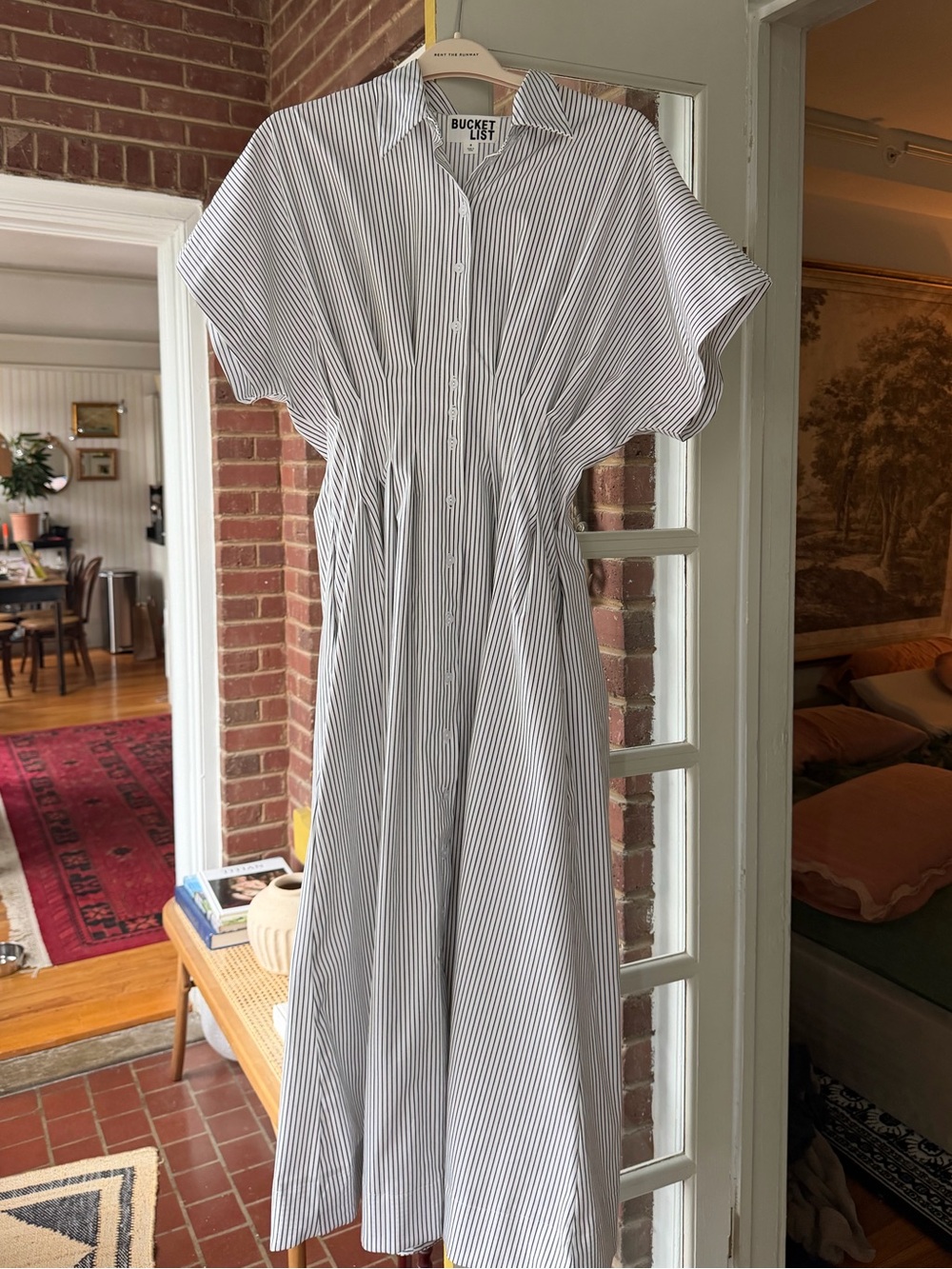 Bucket List Striped Button Front Midi Dress | Cinched Waist Pockets Size M